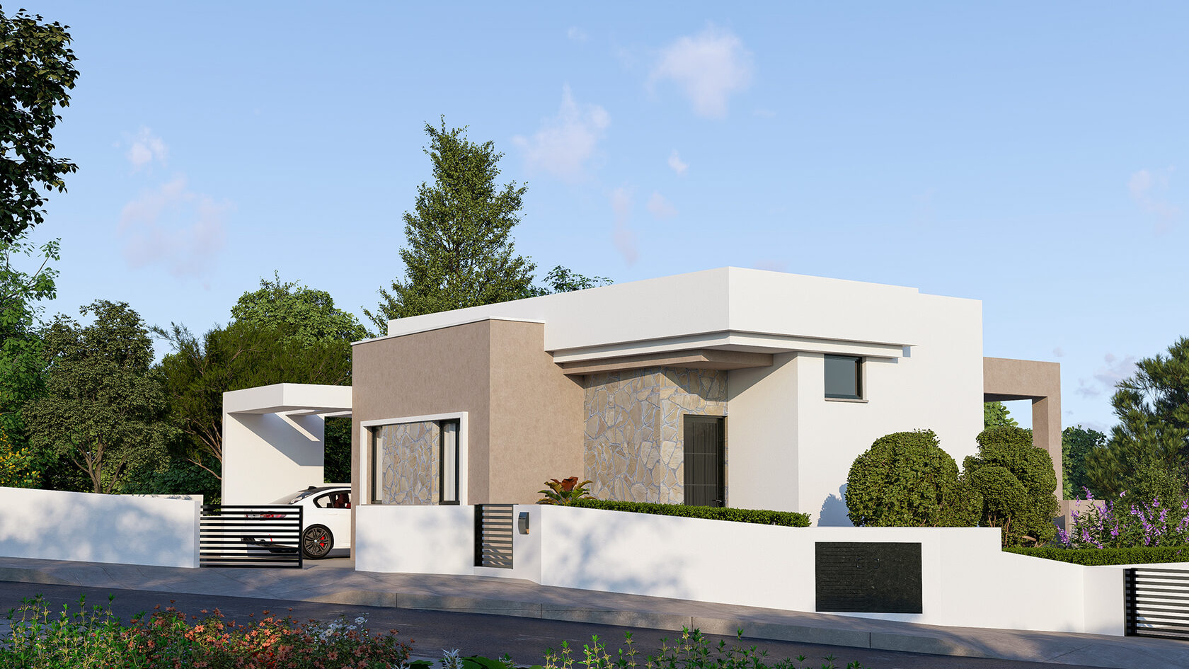 Modern Parekklisia villa with white stone walls, landscaped garden, and private parking
