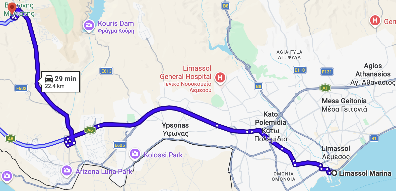 Aerial location view of the Parekklisia plot and surrounding roads